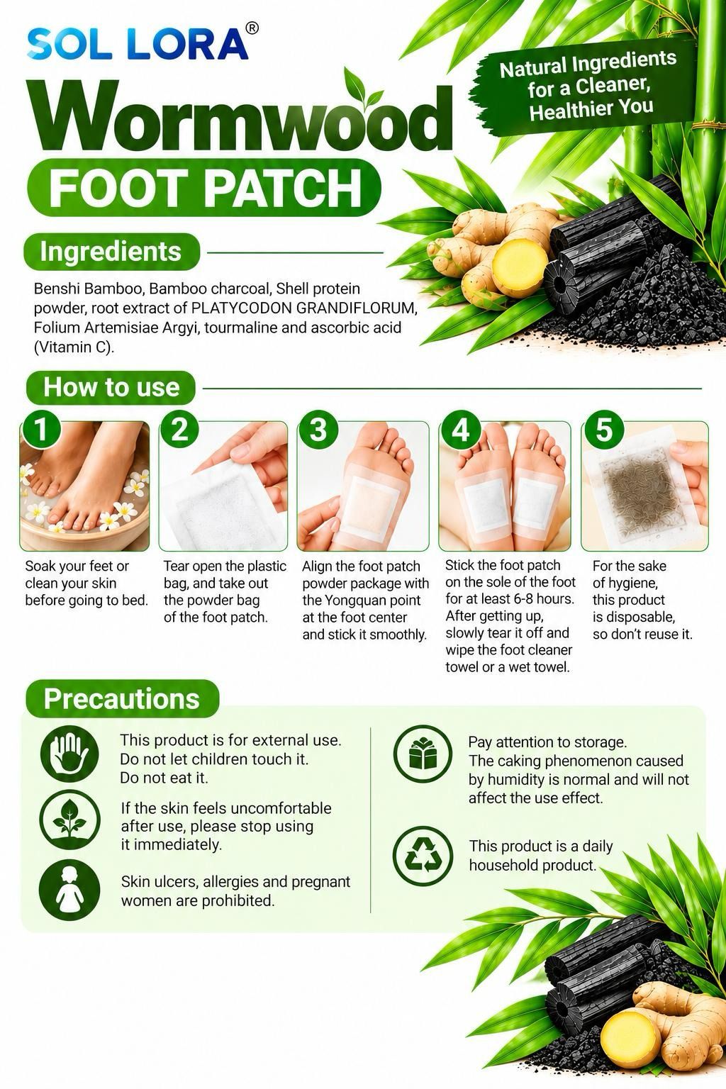 SOL LORA Wormwood Foot Patches directions and precautions