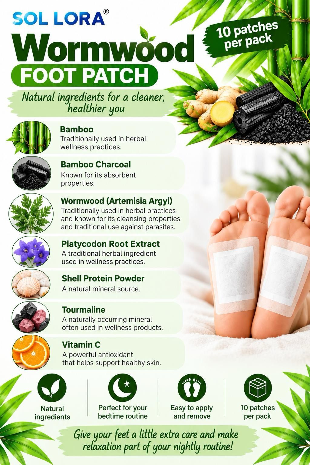 SOL LORA Wormwood Foot Patches ingredients and pack details